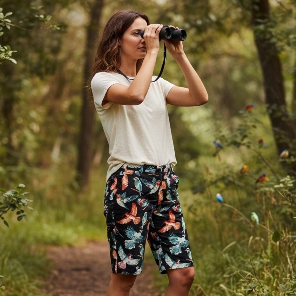 Juniper + Lime Hummingbird Bird Print Bermuda Short Black Size 10 Cotton Stretch